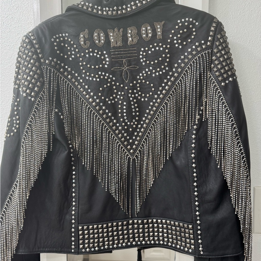 Double D Ranch Black Leather Stud & Chain Fringe Jacket - Picture 3 of 5